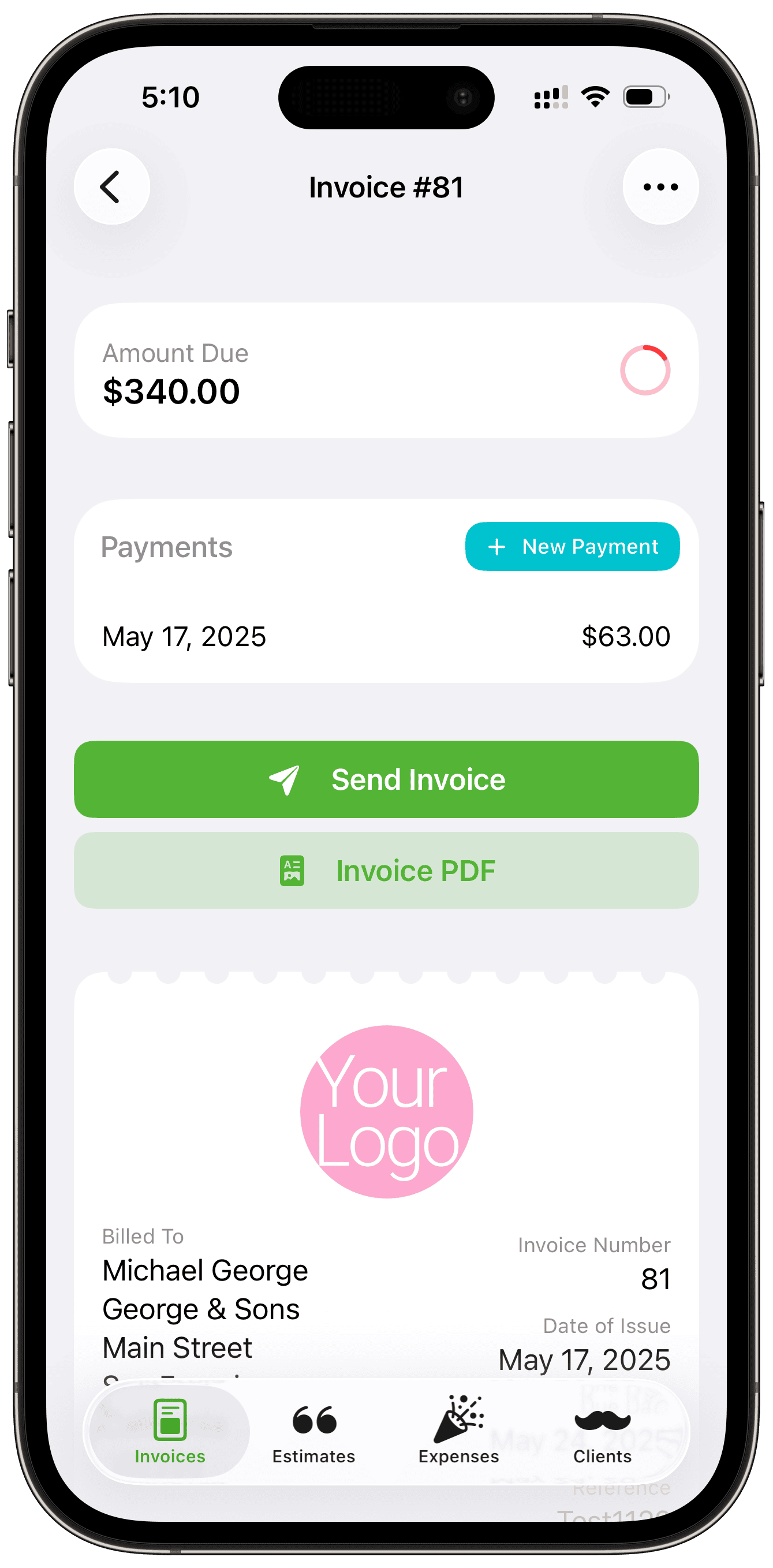 LiteBooks invoice payment details interface